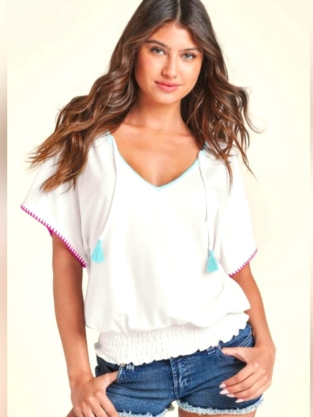 VENUS White Short Sleeve Tassel V-Neck Top with Aqua & Pink Trim